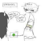  2026 ben_10 crossover dirk_strider dogtier fullres grayscale hat highlight_color jade_harley monochrome muncchyh starbucks starter_outfit text word_balloon 