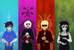 3_in_the_morning_dress beta_kids black_squiddle_dress blood dave_strider four_aces_suited frogs godtier heir jade_harley john_egbert rose_lalonde suryaasura 