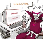  2026 computer dirk_strider eggwishing fullres godtier heart_aspect homestuck:_beyond_canon image_manipulation jaggy_lines meat_timeline prince sitting solo text ultimate_dirk word_balloon 