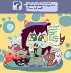 2025 animals ask blush cat_hat cats crossover deltarune emoticon fullres image_manipulation lying nepeta_leijon nyanmimi on_stomach starter_outfit text word_balloon yarn