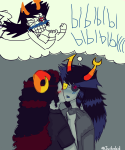  2025 aradia_megido back_angle blush eyepatch fullres illegal_vriska iwihobid kiss lying make_her_pay on_stomach redrom shipping sketch starter_outfit thought_balloon vriska_serket 
