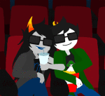  2012 animated arm_in_arm beverage blue-sugar con_heir food fullres glasses_added john's_vriska_outfit john_egbert redrom shipping sitting starter_outfit vriska_serket 