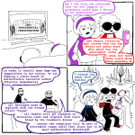  2025 back_angle beverage casual comic dave_strider fashion faygo fullres imperial_drone insane_clown_posse jaggy_lines no_glasses outer_spec red_baseball_tee rose's_pink_scarf rose_lalonde siblings:daverose sitting tab text 