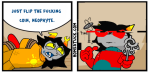  2025 bondage comic fullres glitch godtier gun image_manipulation legislacerator_suit light_aspect lying parody stonetoss terezi_pyrope text thief troll_caegar_coin vriska_serket weapon word_balloon yeetercz 