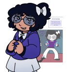 2026 alternate_hair beverage candy_timeline fullres homestuck:_beyond_canon image_manipulation maekammy rule63 solo starter_outfit tavros_crocker text