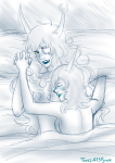  2013 ancestors bed blinded_mindfang blindfang blush eyepatch fullres high_angle highlight_color holding_hands lesbianneopolitan marquise_spinneret_mindfang monochrome neophyte_redglare no_hat nudity redrom shipping 