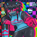  2024 crossover dancestors domo dream_ghost emoticon fullres invader_zim latula_pyrope meme nyan_cat skateboard skulls skyzahhak solo starter_outfit text 