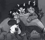  ampora-of-hearts arm_around_shoulder couch dave_strider freckles gamzee_makara godtier karkat_vantas knight red_knight_district shipping sleeping terezi_pyrope time_aspect 