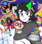  2024 animated eyestrain happy_birthday_message heart hiveswap horses image_manipulation joey_claire lisa_frank puppy_surprise sitting springselkie text xefros_tritoh 
