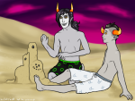  2012 alternate_hair alternia barefoot fullres gamzee_makara kneeling no_shirt pbj scrims shipping sitting swimsuit tavros_nitram zodiac_symbol 