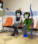 2022 blood bow equius_zahhak fantroll fullres image_manipulation impalement jaggy_lines medical_uniform meme meraki-sunset nepeta_leijon no_hat sitting starter_outfit sweat
