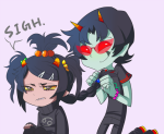  2012 adorabloodthirsty alternate_hair fullres jin-nyeh karkat_vantas kneeling redrom rule63 shipping sitting starter_outfit styling_hair terezi_pyrope text word_balloon 