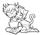 2013 cat_hat computer fullres grayscale hug jaggy_lines kneeling lemon_lime lineart lunaticjin nepeta_leijon redrom shipping sitting sollux_captor
