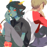  back_to_back dave_strider lobsterbooty no_glasses red_baseball_tee sitting terezi_pyrope 