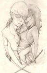  arm_around_shoulder coolkids dave_strider grayscale high_angle katana norhuu pencil request shipping suit terezi_pyrope walking_cane 