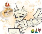  2026 art_dump blush computer emoji food fullres heart homestuck:_beyond_canon lying meat_timeline on_stomach pelerajaib satyrs solo swiss_elysi text word_balloon 