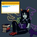 2022 book computer doc_scratch fullres jaggy_lines no_glasses pesterlog scalemates seeing_terezi sitting starter_outfit superhater terezi_pyrope text