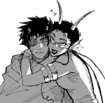  2025 body_modification candy_timeline dancestors eyepatch fullres grayscale headshot heart homestuck:_beyond_canon hug karkat_vantas leadership little_miss_condescension_suit meenah_peixes monochrome punished_outfit redrom scars shipping strovii 