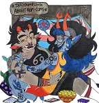  2021 aspect_symbol body_modification food frankenfreakie fullres hammer heart karkat_vantas lgbt_pride light_aspect redrom shipping sickle skulls text transtuck vriska_serket vriskat word_balloon zodiac_symbol 