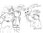  ! 2026 arm_around_shoulder blush championstirade cloisteredconnoisewer donoteating fullres grayscale homestuck:_beyond_canon lineart meat_timeline monochrome nymphs satyrs speculative_design starter_outfit swiss_elysi text word_balloon 