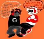  2026 alternate_hair arms_crossed dave_strider fullres headphones karkat_vantas psyhcic red_baseball_tee red_knight_district redrom shipping sitting starter_outfit text thought_balloon 
