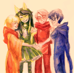  beta_kids breath_aspect dave_strider dogtier godtier heir holding_hands jade_harley john_egbert knight light_aspect rose_lalonde seer skaiasthelimit space_aspect time_aspect watercolor witch 
