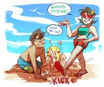  2016 barefoot casey clouds fullres grubscars john_egbert kneeling meruz no_shirt salamanders summer swimsuit terezi_pyrope text word_balloon 
