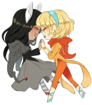  blush body_modification chibi citrinne dogtier godtier guns_and_roses holding_hands jade_harley light_aspect midair no_glasses profile redrom rose_lalonde seer shipping space_aspect transparent witch 