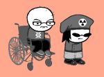  2024 alternate_hair casual fullres grayscale hat jaggy_lines karkat_vantas monochrome reesereeserson sitting sollux_captor speculative_design sprite_mode wheelchair 
