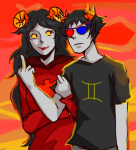 aradia_megido arm_in_arm clouds double_eyepatch faiell godtier maid sollux_captor the_finger 