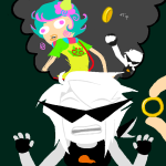  2026 alternate_hair blackoutbruh dirk_strider food fullres jaggy_lines ring_of_life roxy_lalonde rule63 strife strong_tanktop text thought_balloon trickster_mode 