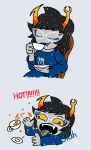  2026 animated aranea_serket beverage bluh comic dancestors frigiddoctoratus fullres jaggy_lines scribble_mode solo starter_outfit sufferer_necklace text 