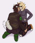  2025 animal_ears au back_angle blood blush casual dirk_strider dogtail facial_hair fashion freckles fullres jake_english kneeling monster4lyfe near_kiss pumpkin_patch redrom rule63 shipping sitting 