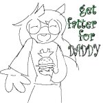  2026 dogtier food fullres grayscale jade_harley jaggy_lines lineart monochrome rox_is_missing solo starter_outfit text wut 
