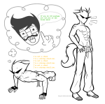  2026 animal_ears casual dirk_strider facial_hair fullres grayscale jake_english monochrome myriadserased no_shirt pumpkin_patch redrom shipping sweat text thought_balloon 