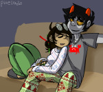  arm_around_shoulder couch jade_harley karkat_vantas kats_and_dogs no_glasses pajamas pixelradio redrom request shipping sitting sleeping 