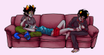  adorabloodthirsty amber couch head_on_lap karkat_vantas nepeta_leijon no_glasses no_hat scratch_and_sniff shipping terezi_pyrope 