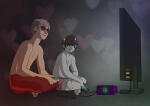 2015 alternate_hair barefoot body_modification dave_strider fullres gaming heart karkat_vantas no_shirt red_knight_district redrom shandy shipping sitting undergarments