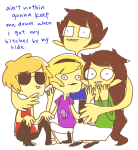  2012 arm_around_shoulder beta_kids blue_slime_ghost_shirt dave_strider fullres green_atom_shirt jade_harley john_egbert madammonkey mauve_squiddle_shirt red_record_tee rose_lalonde scribble_mode sitting starter_outfit text 