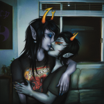  2024 8_ball arm_around_shoulder body_modification casual couch flarp freckles fullres huge kiss marvel redrom scourge_sisters shipping sonyashx spider-man terezi_pyrope vriska_serket 