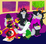  2023 ancestors carrying clouds couch cridea_jeevik crying fiamet fiamet-xochim fiery_axolotl food fullres green_moon her_imperious_condescension hiveswap jaggy_lines lusus midair night parody profile silhouette sitting sleeping stars starter_outfit trizza's_trident trizza_tethis 