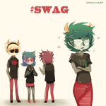  2012 animated arms_crossed back_angle cosplay dave_strider fake_horns fashion fullres glasses_added ikimaru kanaya_maryam karkat_vantas rainbow_drinker stars starter_outfit terezi_pyrope text 
