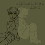  2024 ancest blood body_modification broconwhore captors dancestors fullres honey_mustard language:alternian lineart mituna_captor monochrome no_glasses no_hat redrom sadstuck shipping sitting sollux_captor starter_outfit text 