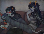  2026 artificial_limb body_modification casual couch crishdotnet freckles fullres illegal_vriska licking redrom scourge_sisters shipping sitting skulls starter_outfit terezi_pyrope troll_tail vriska_serket 