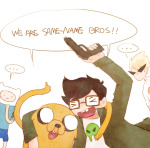  adventure_time arm_around_shoulder crossover dirk_strider flafly jake_english starter_outfit twin_m9_berettas word_balloon 