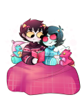 2018 adorabloodthirsty arm_around_shoulder beverage book casual crystalrina fullres karkat_vantas multiple_personas no_glasses redrom scalemates scalematified shipping terezi_pyrope text transparent