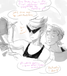 2022 casual dirk_strider electrislash erkauberscream fashion freckles fullres grayscale highlight_color roxy_lalonde shipping sketch strong_outfit text word_balloon