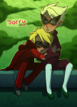  2015 blush dave_strider dirk_strider freckles fullres godtier heart_aspect hug kiki-kit knight land_of_tombs_and_krypton panel_redraw prince sitting text time_aspect 