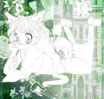  ! 2026 animals dogtail dogtier fullres grayscale highlight_color image_manipulation instrument jade_harley lying monochrome on_stomach sketch solo starter_outfit twiinarmageddonss 