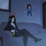  2020 alcohol alternate_hair ancestors babies blush bondage couch deletethestars fullres marquise_spinneret_mindfang night no_glasses no_hat parody serkets sitting starter_outfit vriska_serket 
